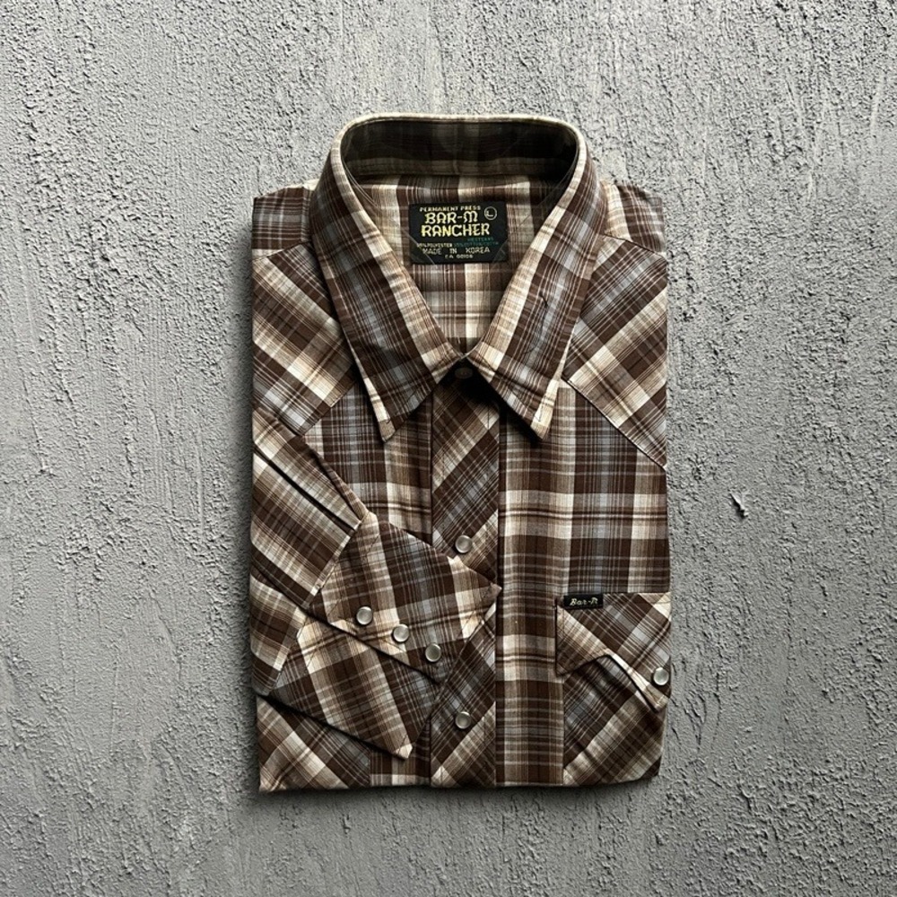 Vintage Bar-M Rancher Western Shirt Large Brown 1970s Plaid Pearl Snap Deadstock
